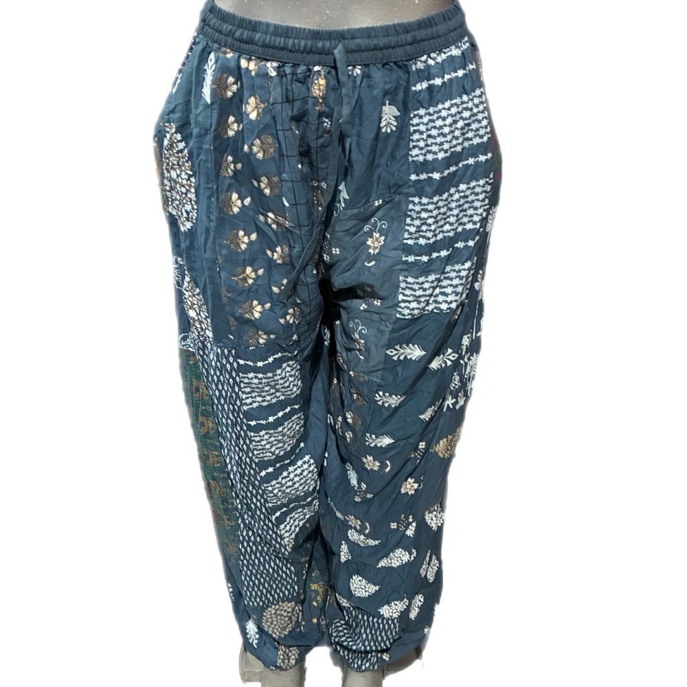 The Roots Multi-Patchwork Yoga Jogger Pants Rayon Size Small Boho Lounge Blue